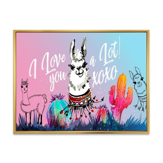Designart 'I Love You A Lot Llama Alpaca Cartoon Portrait' Children's Art Framed Canvas Wall Art Print