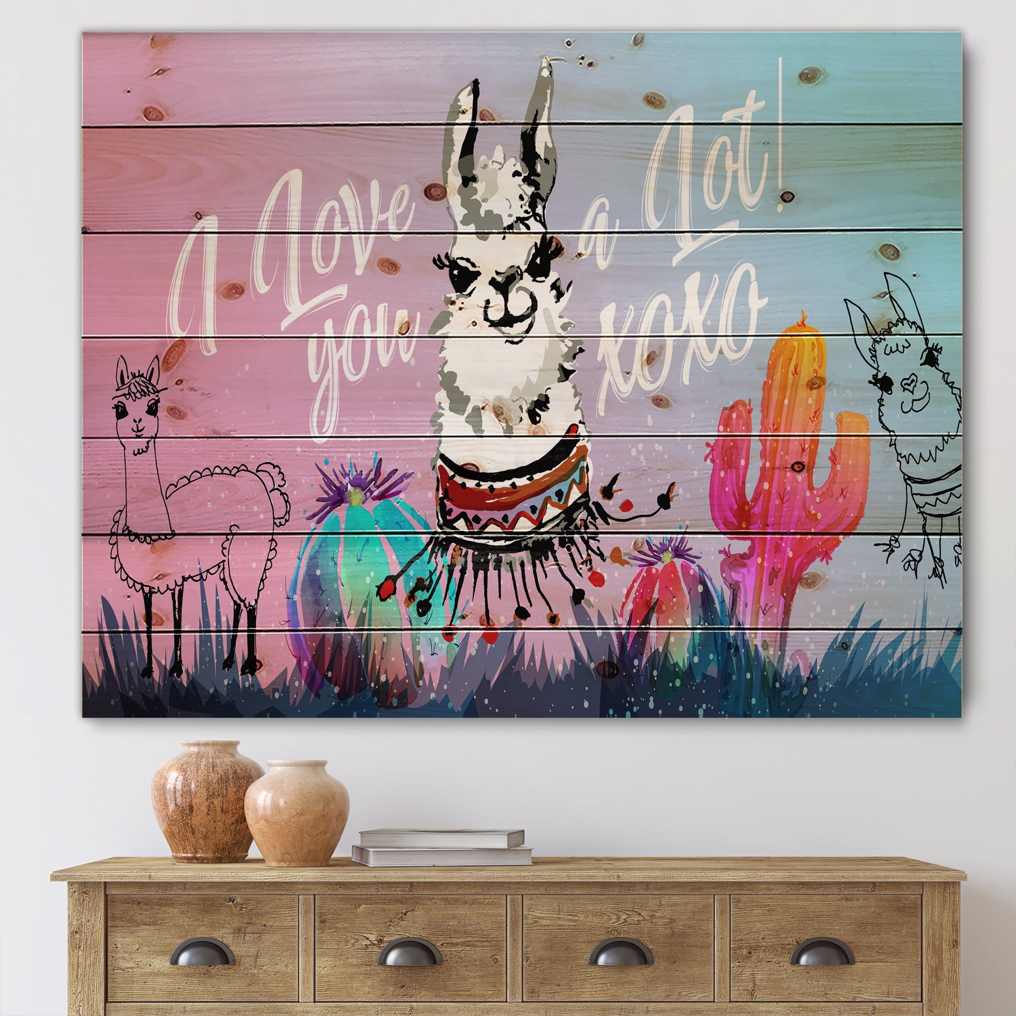 Designart 'I Love You A Lot Llama Alpaca Cartoon Portrait' Children's Art Print on Natural Pine Wood
