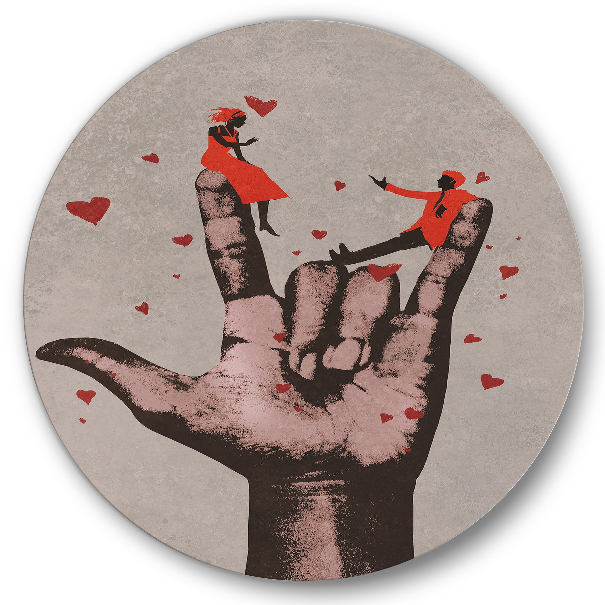 Designart 'I Love You Hand Sign With Romantic Couple' Modern Circle Metal Wall Art 29x29 - Disc of 29