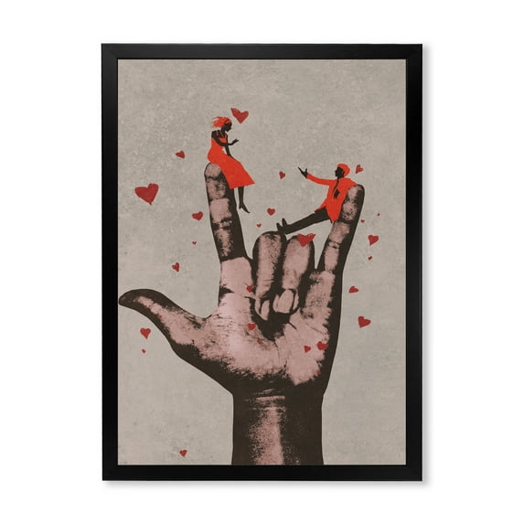 Designart 'I Love You Hand Sign With Romantic Couple' Modern Framed Art Print