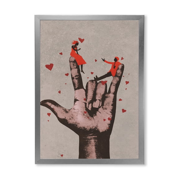 Designart 'I Love You Hand Sign With Romantic Couple' Modern Framed Art Print