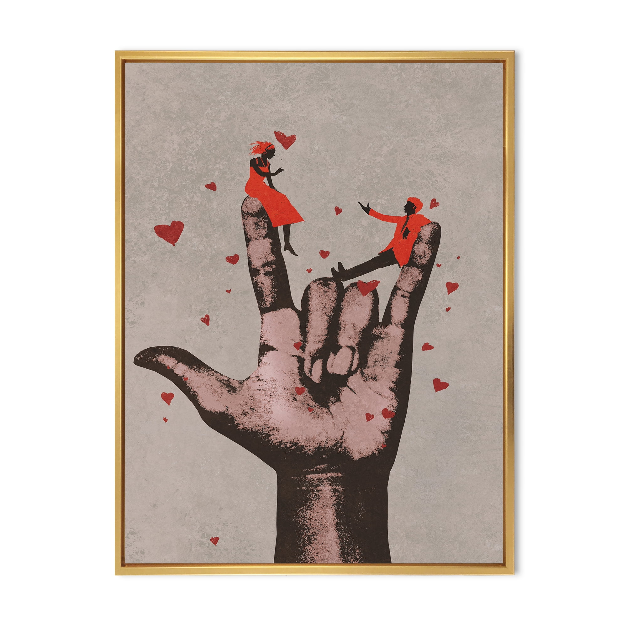 Designart 'I Love You Hand Sign With Romantic Couple' Modern Framed Canvas Wall Art Print