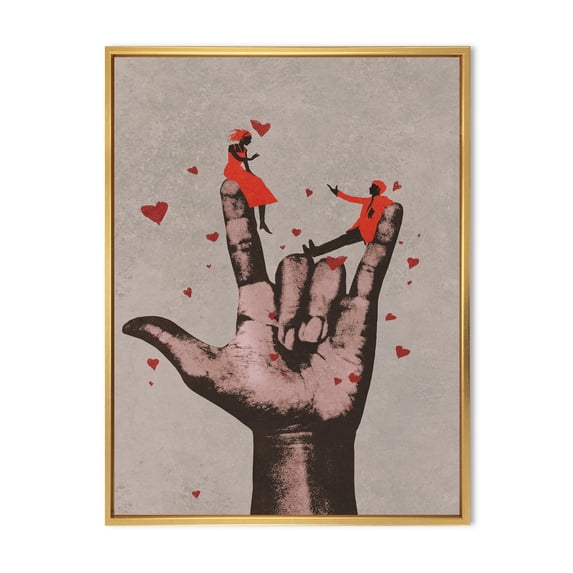 Designart 'I Love You Hand Sign With Romantic Couple' Modern Framed Canvas Wall Art Print