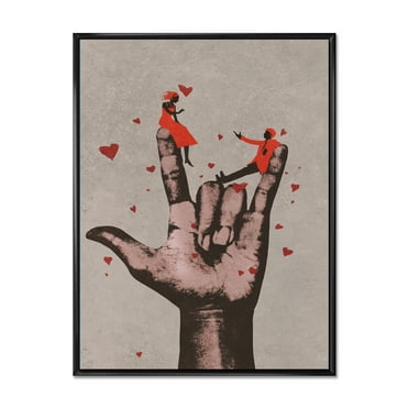 Designart 'I Love You Hand Sign With Romantic Couple' Modern Framed Canvas Wall Art Print