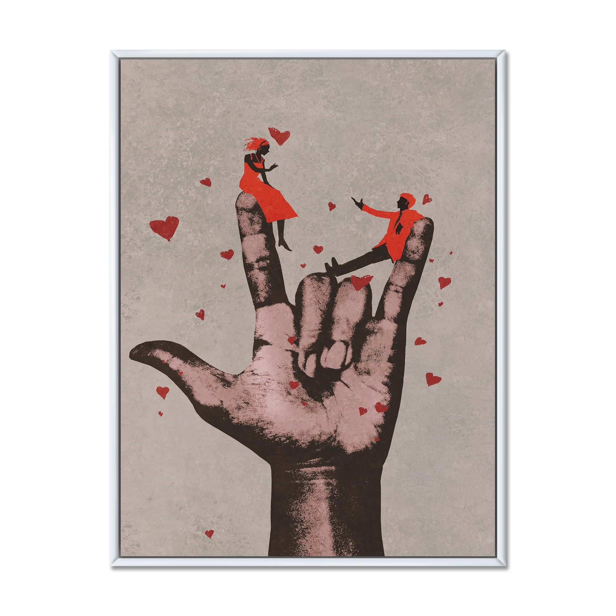 Designart 'I Love You Hand Sign With Romantic Couple' Modern Framed Canvas Wall Art Print