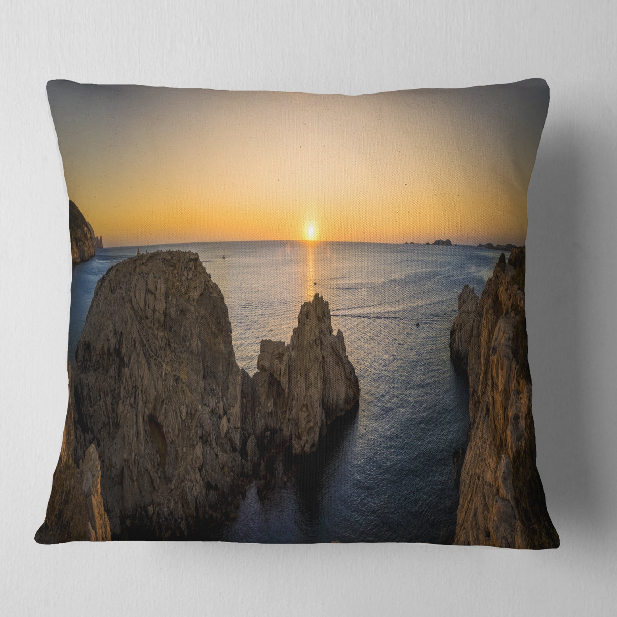Designart Ibiza Island Mediterranean Sunset - Landscape Printed Throw Pillow - 18x18