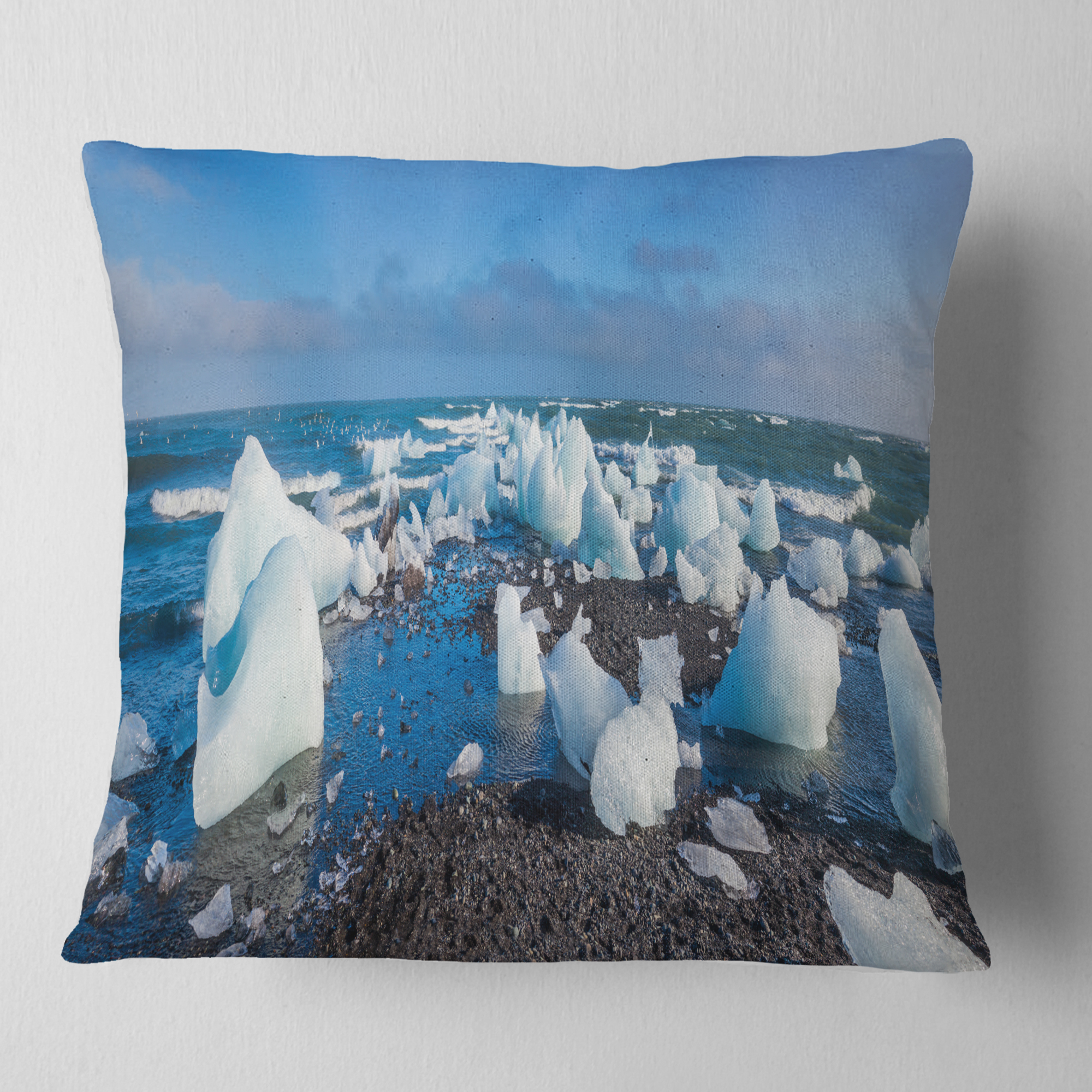 Designart Ice Blocks on Sand Beach - Seashore Photo Throw Pillow - 16x16