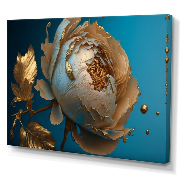 Designart Ice Blue And Gold Peony I Canvas Wall Art