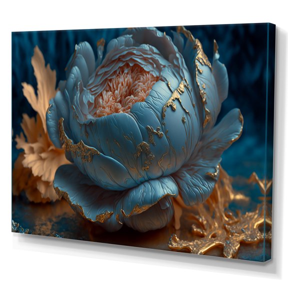Designart Ice Blue And Gold Peony II Canvas Wall Art