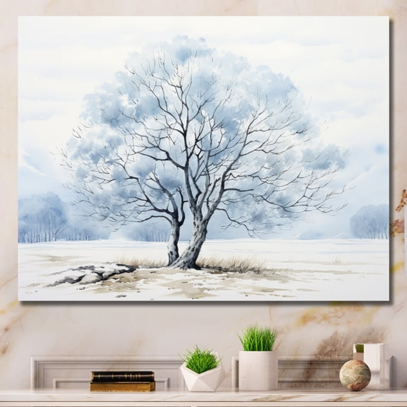 Designart "Ice Blue Tree Monochrome Ink euphony" Floral Wall Art Living Room