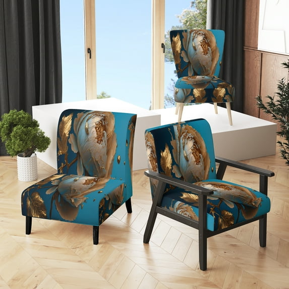 Designart "Ice Blue and Gold Peony Blooms I" Blue Floral & Botanical Upholstered Accent Chair - Modern Arm Chair For Living Room