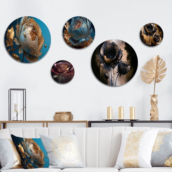 Designart "Ice Blue and Gold Peony Blooms I" Floral Peony Metal Wall Art Set of 5 Piece