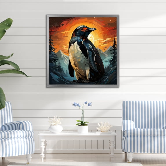 Designart "Icebound Penguin at Sunset III" Animals Framed Wall Art Decor - Modern White Penguin Bedroom Framed Canvas Wall Art