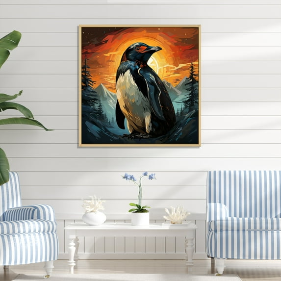 Designart "Icebound Penguin at Sunset III" Animals Framed Wall Art - White Penguin Bedroom Framed Canvas Wall Art