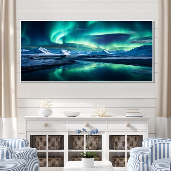 Designart "Icelandic Borealis Winter's Aurora II" Oversized Landscapes Framed Wall Art - Traditional Blue Aurora Borealis Hallway Framed Wall Art Decor