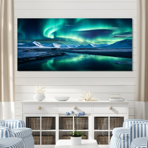 Designart "Icelandic Borealis Winter's Aurora II" Oversized Landscapes Wall Art - Traditional Blue Aurora Borealis Bedroom Canvas Wall Art