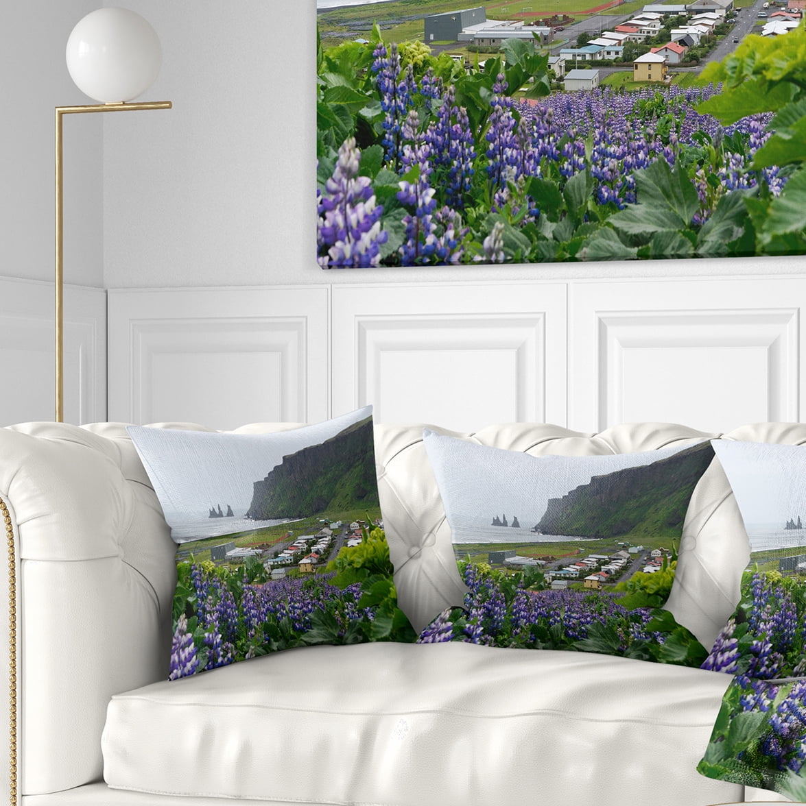 Designart Icelandic Town Vik - Landscape Photography Throw Pillow - 18x18