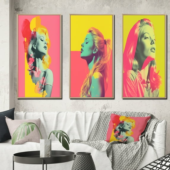 Designart "Iconic Polaroid Pop Art Vintage Woman Portrait" Woman Pop Art Framed Wall Art Set Of 3 - Pink Glam Frame Canvas Set For Living Room Decor