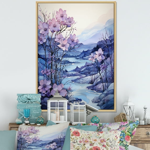 Designart "Icy Blue River Scene I" Snow Floater Framed Canvas Wall Art