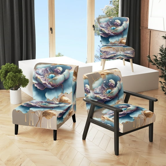 Designart "Icy Blue and Purple Watercolor Blossom III" Blue Floral & Botanical Upholstered Accent Chair - Traditional Arm Chair For Bedroom