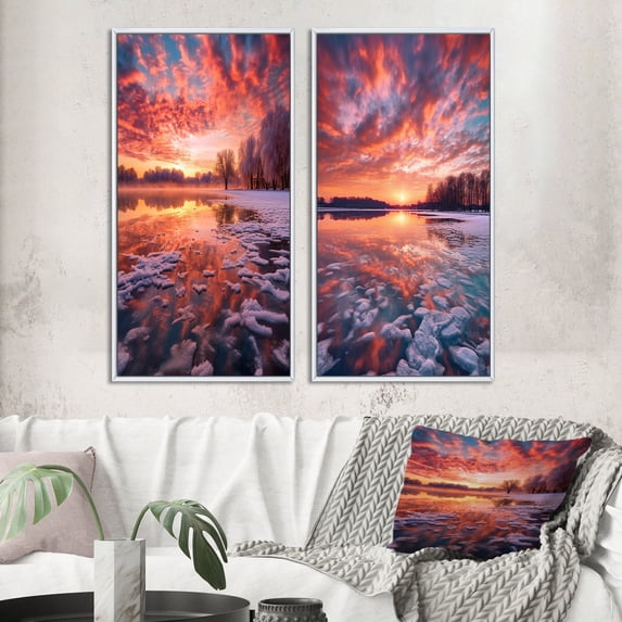 Designart "Icy Lake Under Pastel Sunlight II" Lake Framed Wall Art Set Of 2 - Lake House Yellow Framed Canvas Set For Living Room Decor