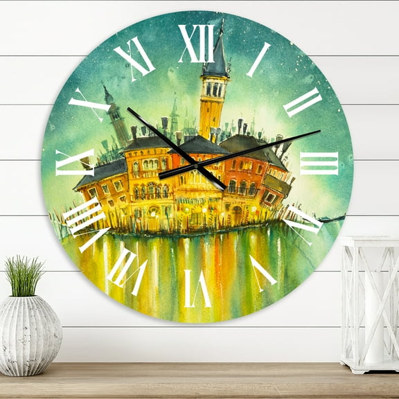 Designart 'Idyllic Island Of Venice At Night' Modern Wall Clock