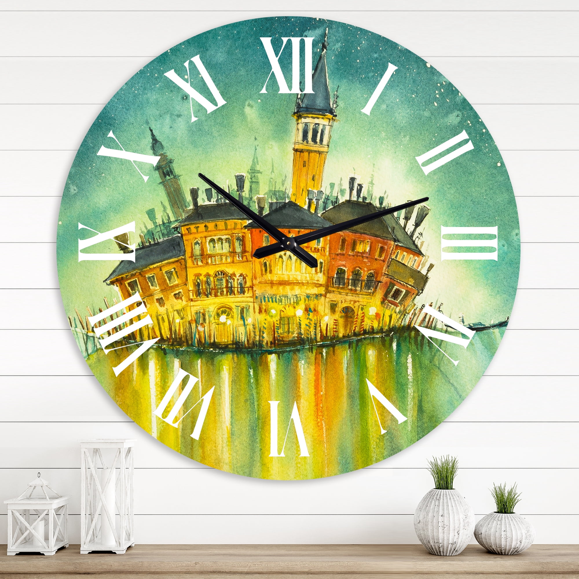 Designart 'Idyllic Island Of Venice At Night' Modern Wall Clock
