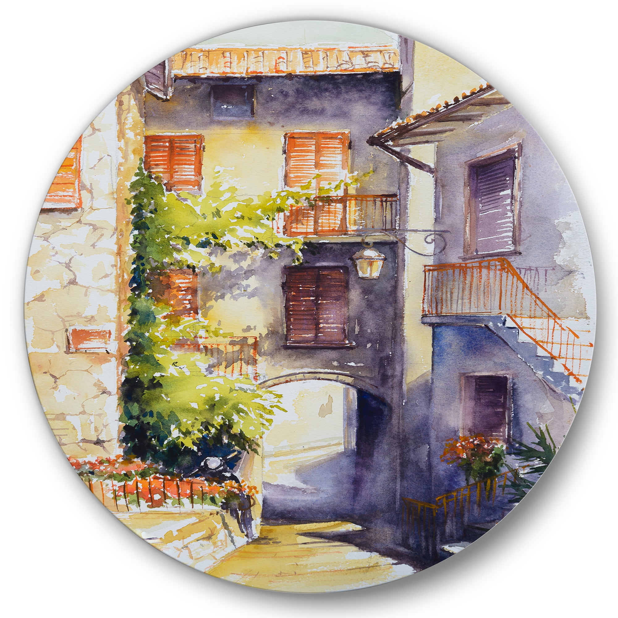 Designart 'Idyllic and Rustic Italian VIllage' Country Circle Metal Wall Art 11x11 - Disc of 11