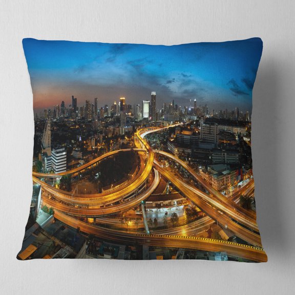 Designart Illuminated Highway in Bangkok - Cityscape Throw Pillow - 18x18