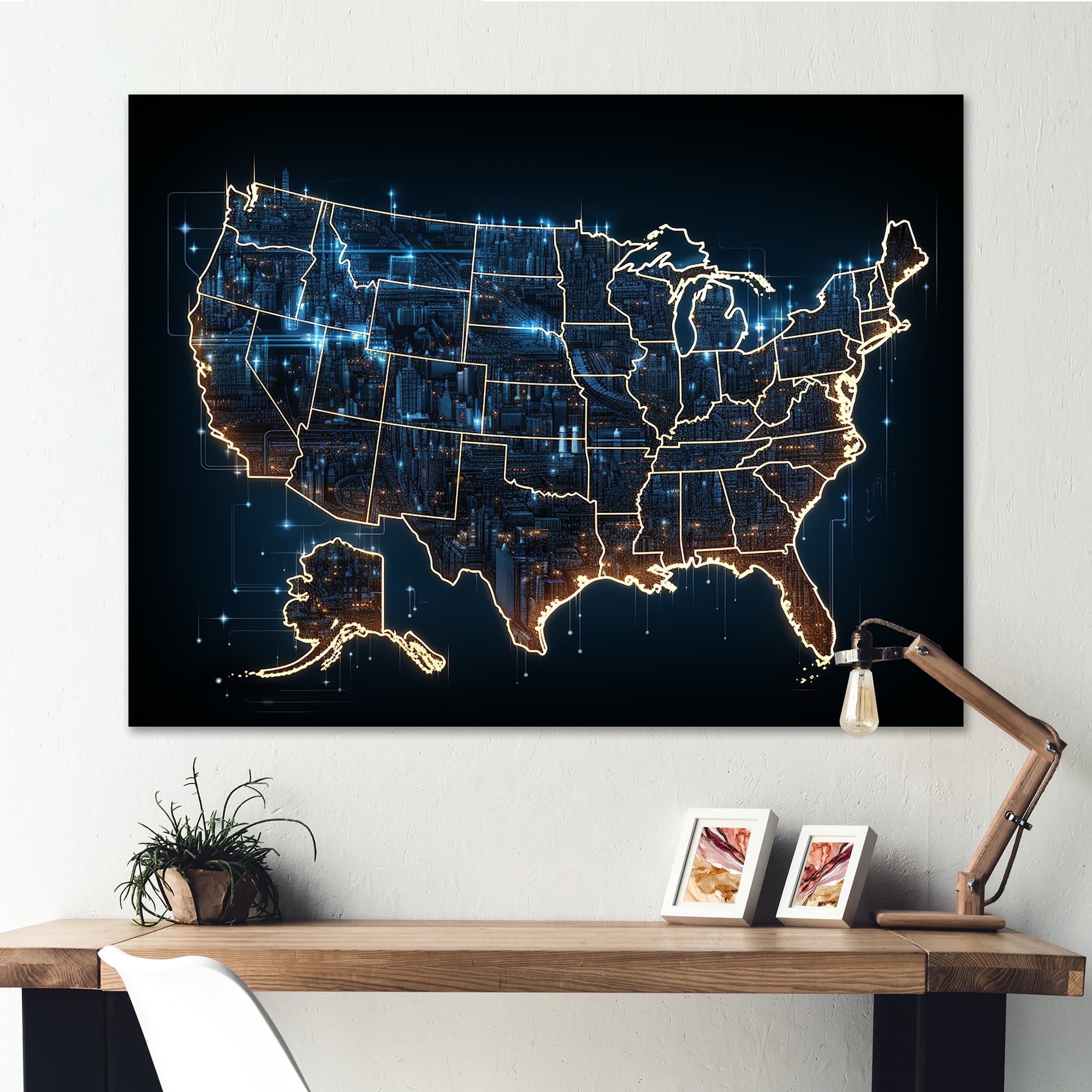 Designart "Illuminated Landmarks Usa Map" Usa Map Canvas Art Print
