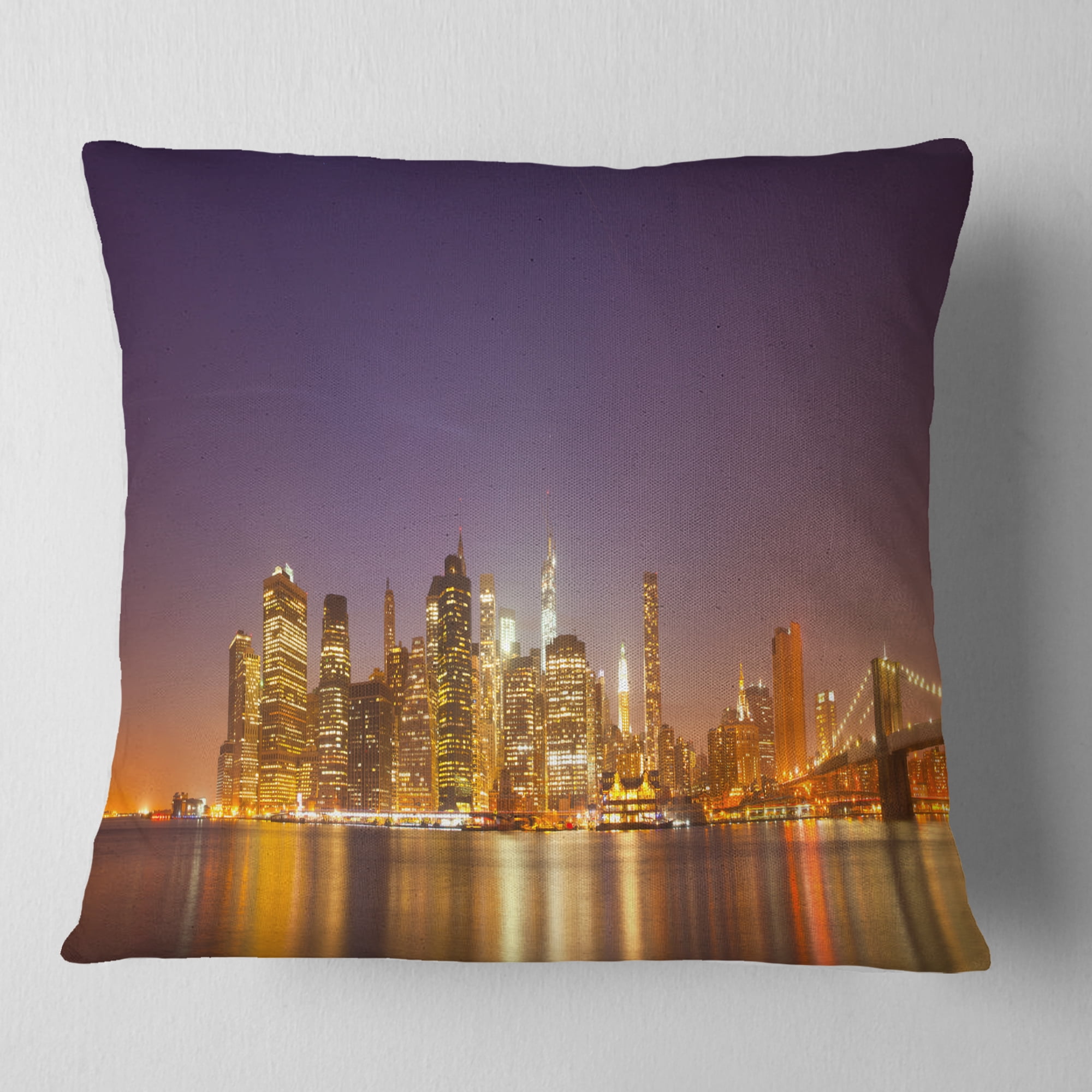 Designart Illuminated NYC Downtown Buildings - Cityscape Throw Pillow - 16x16