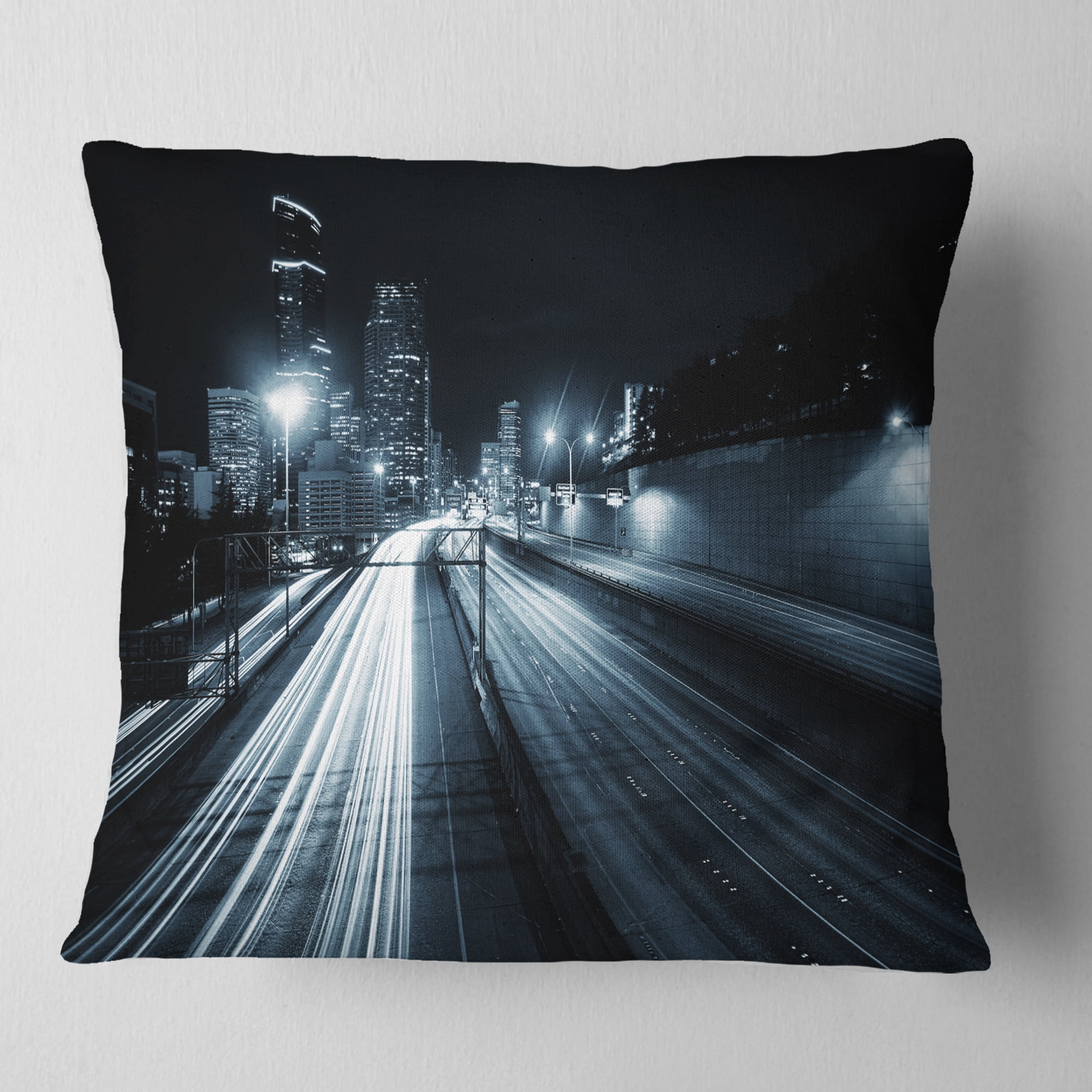 Designart Illuminated Traffic Trail in Downtown Seattle - Cityscape Throw Pillow - 18x18