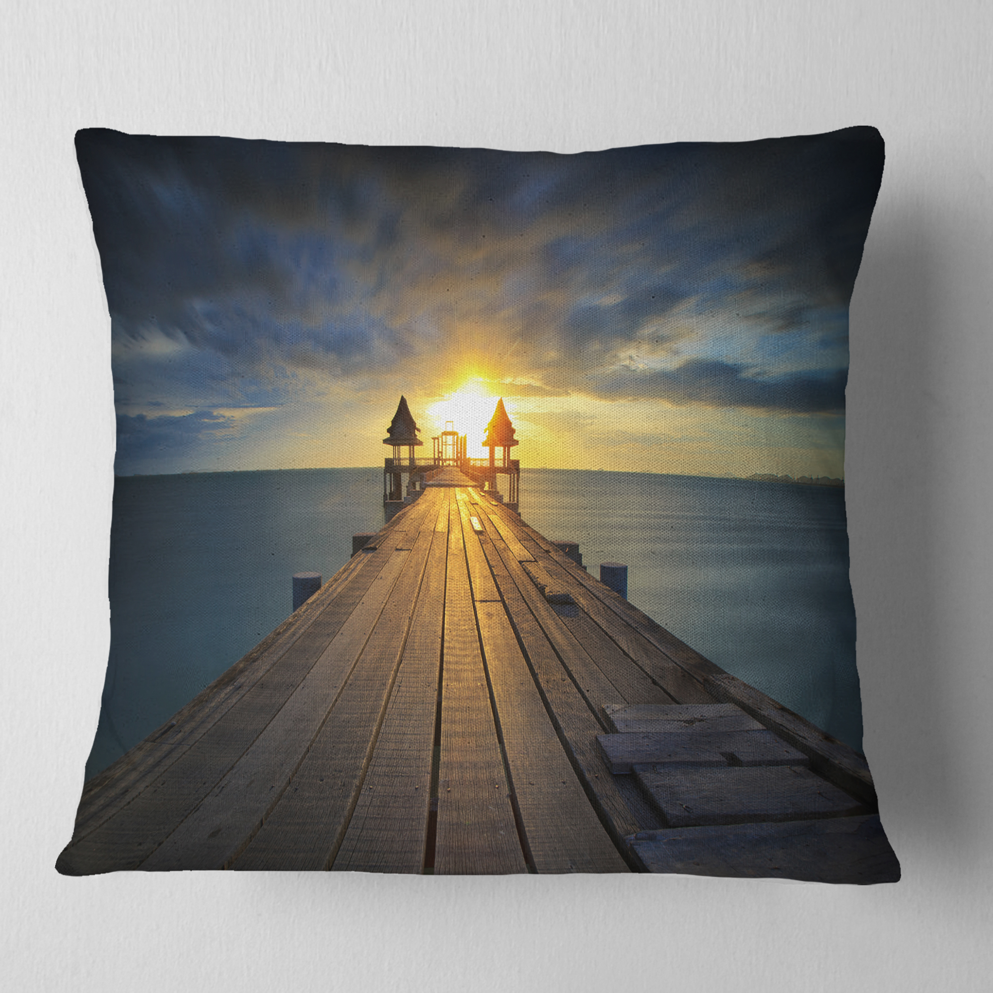 Designart Illuminated Wooden Bridge in Sunlight - Pier Seascape Throw Pillow - 16x16