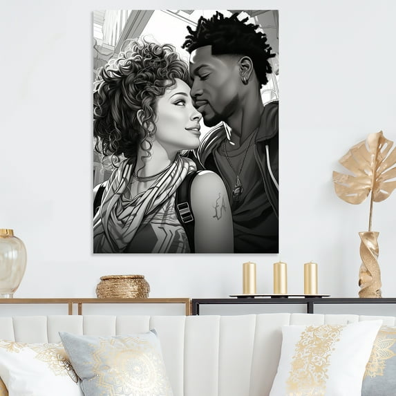 Designart "Illustrated African American Couple" People Canvas Wall Art - Traditional Grey Romantic Portrait Bedroom Canvas Wall Art
