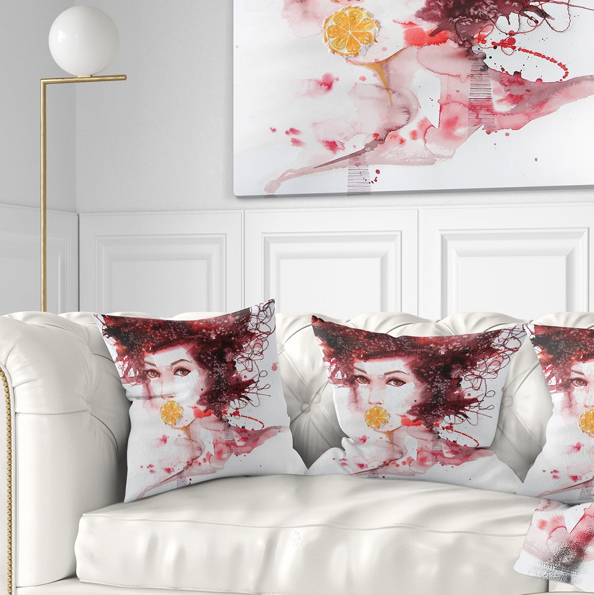 Designart Illustrated Girl with Red Hair - Abstract Portrait Throw Pillow - 18x18
