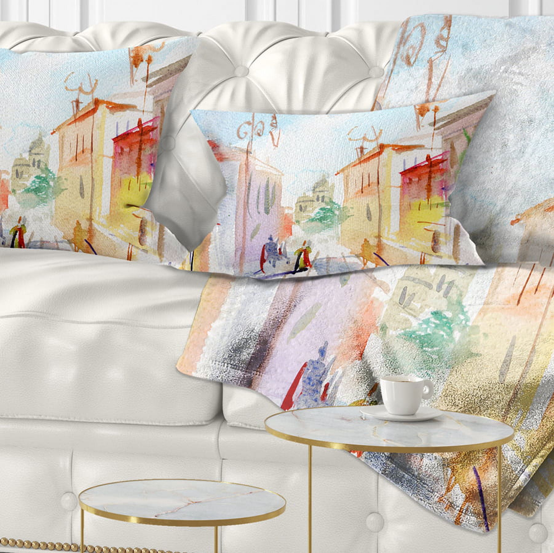 Designart Illustrated Parisian Street - Watercolor Cityscape Throw Pillow - 12x20
