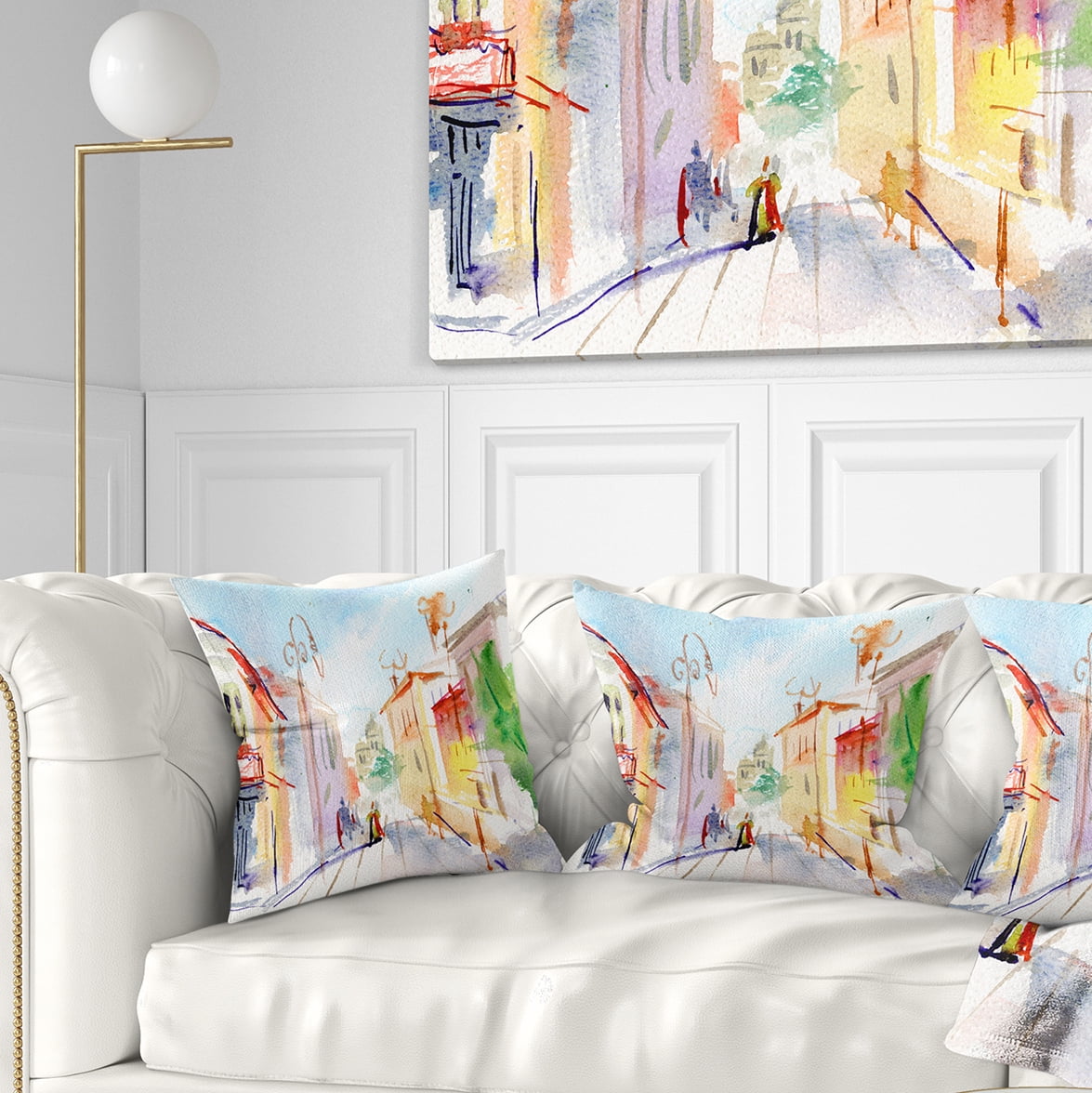 Designart Illustrated Parisian Street - Watercolor Cityscape Throw Pillow - 16x16