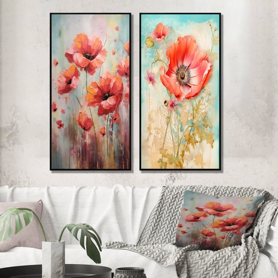 Designart "Illustration Spring's Red Poppy Blossoms I" Poppies Framed Wall Art Set Of 2 - Traditional Pink Framed Canvas Set For Living Room Decor