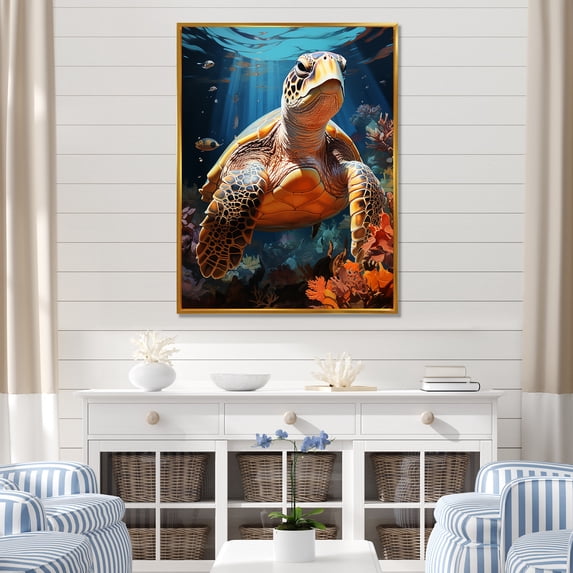 Designart "Imaginative Coral Reef" Animals Turtle Floater Framed Canvas Wall Art