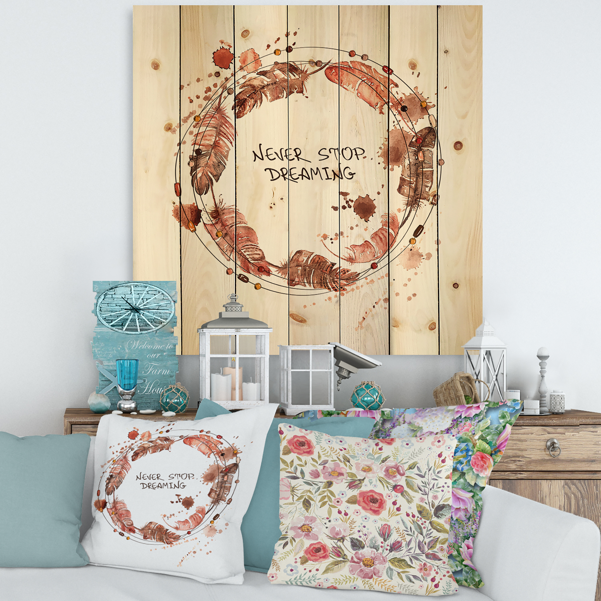 Designart 'Impression Of Bird Feathers Wreath' Traditional Print on Natural Pine Wood