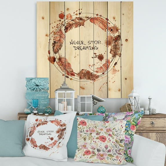 Designart 'Impression Of Bird Feathers Wreath' Traditional Print on Natural Pine Wood
