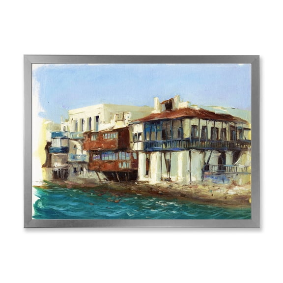 Designart 'Impression Old Houses On The Island of Mykonos Greece' Nautical & Coastal Framed Art Print