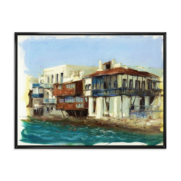 Designart 'Impression Old Houses On The Island of Mykonos Greece' Nautical & Coastal Framed Canvas Wall Art Print