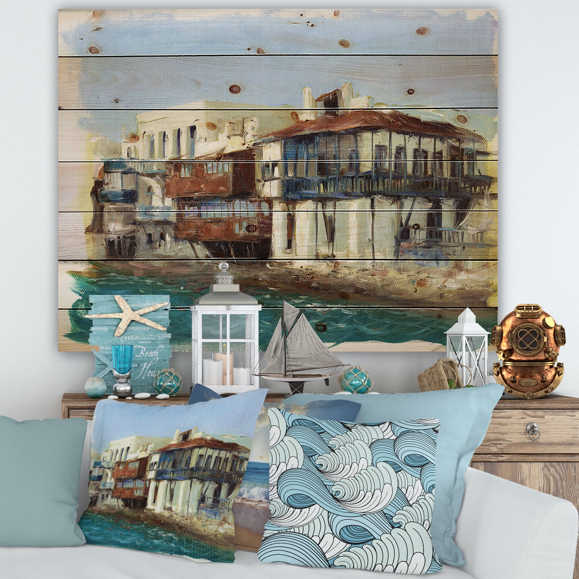 Designart 'Impression Old Houses On The Island of Mykonos Greece' Nautical & Coastal Print on Natural Pine Wood