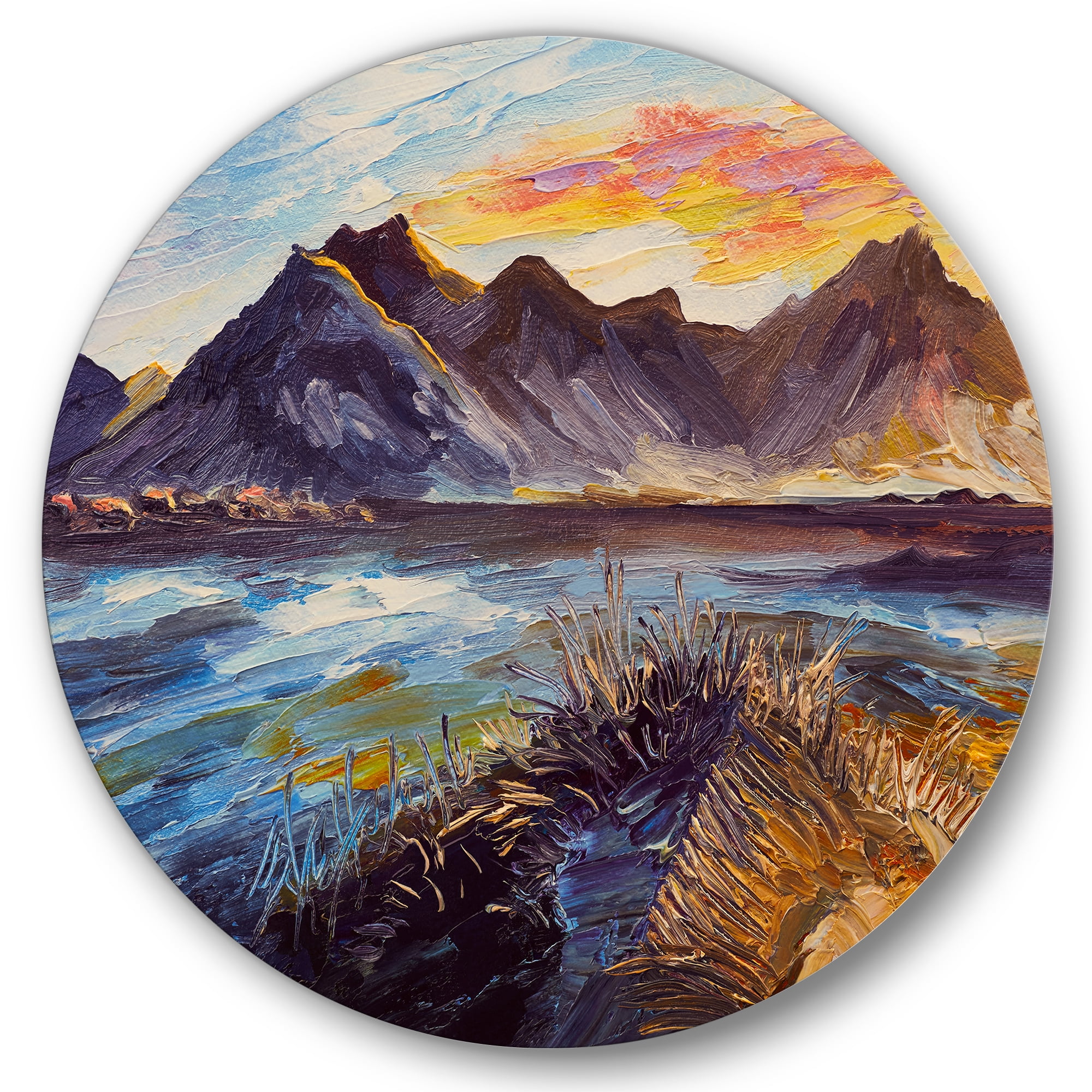 Designart 'Impression Pink Sunset Over The Mountains By The Sea' Nautical & Coastal Circle Metal Wall Art 29x29 - Disc of 29