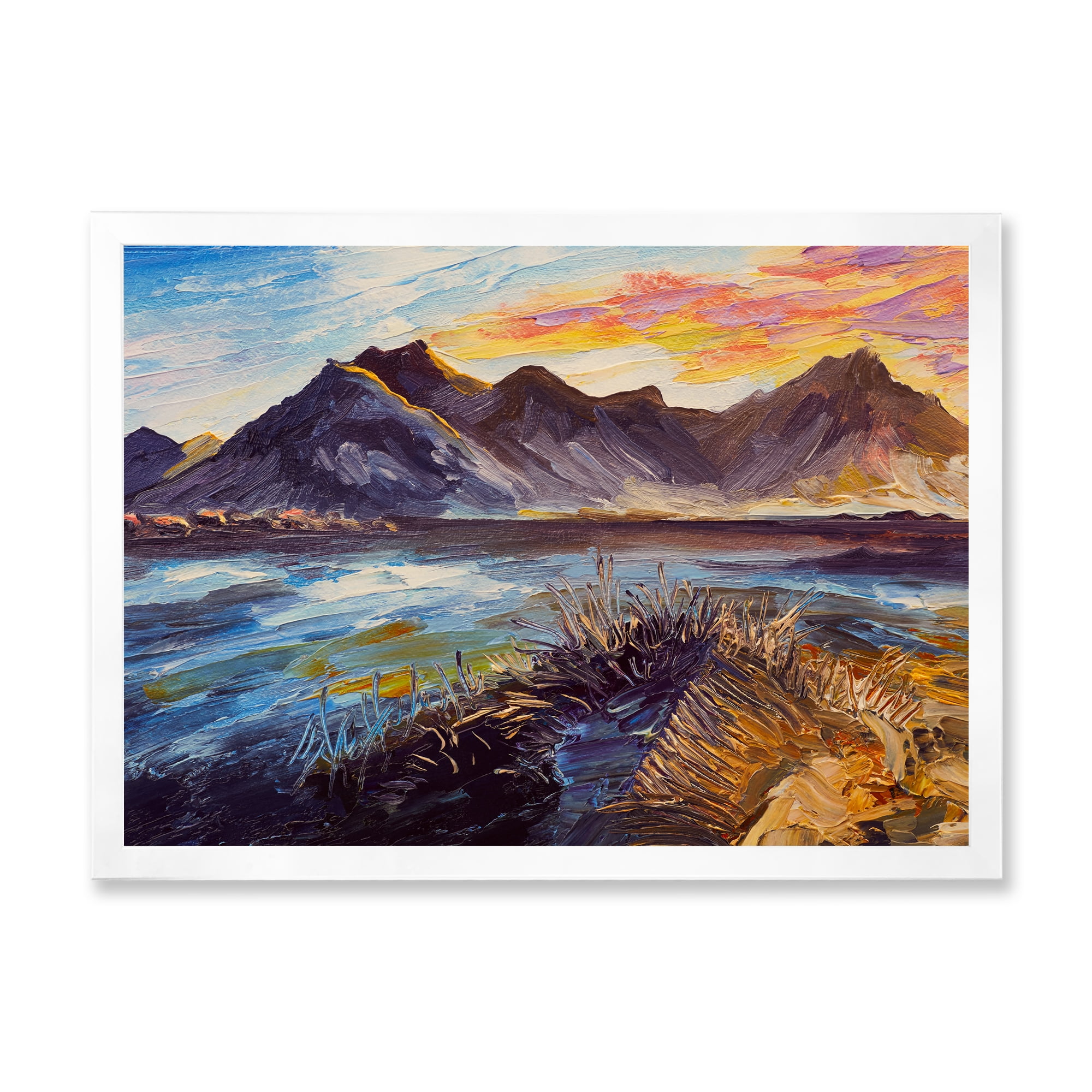 Designart 'Impression Pink Sunset Over The Mountains By The Sea' Nautical & Coastal Framed Art Print