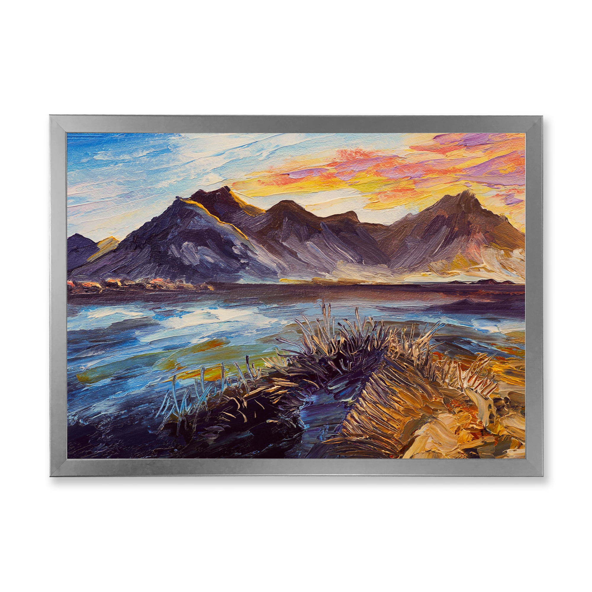 Designart 'Impression Pink Sunset Over The Mountains By The Sea' Nautical & Coastal Framed Art Print