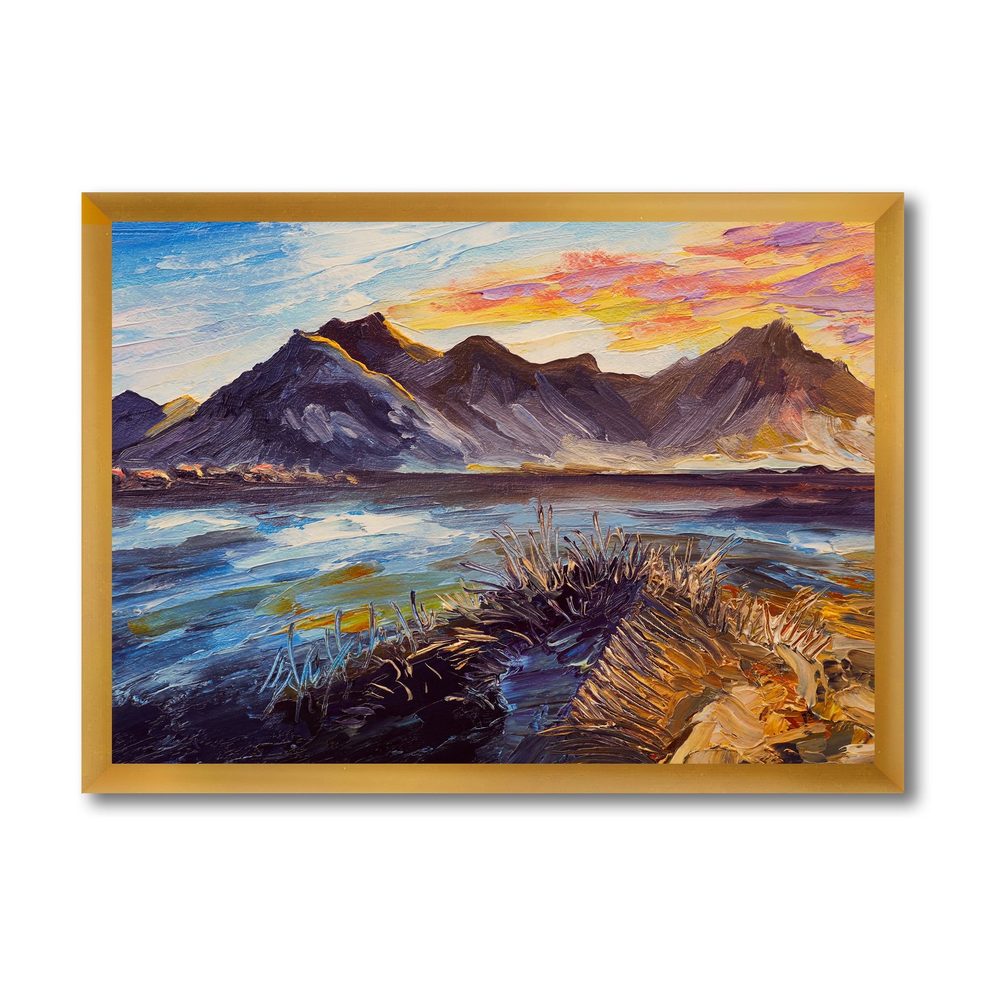 Designart 'Impression Pink Sunset Over The Mountains By The Sea' Nautical & Coastal Framed Art Print