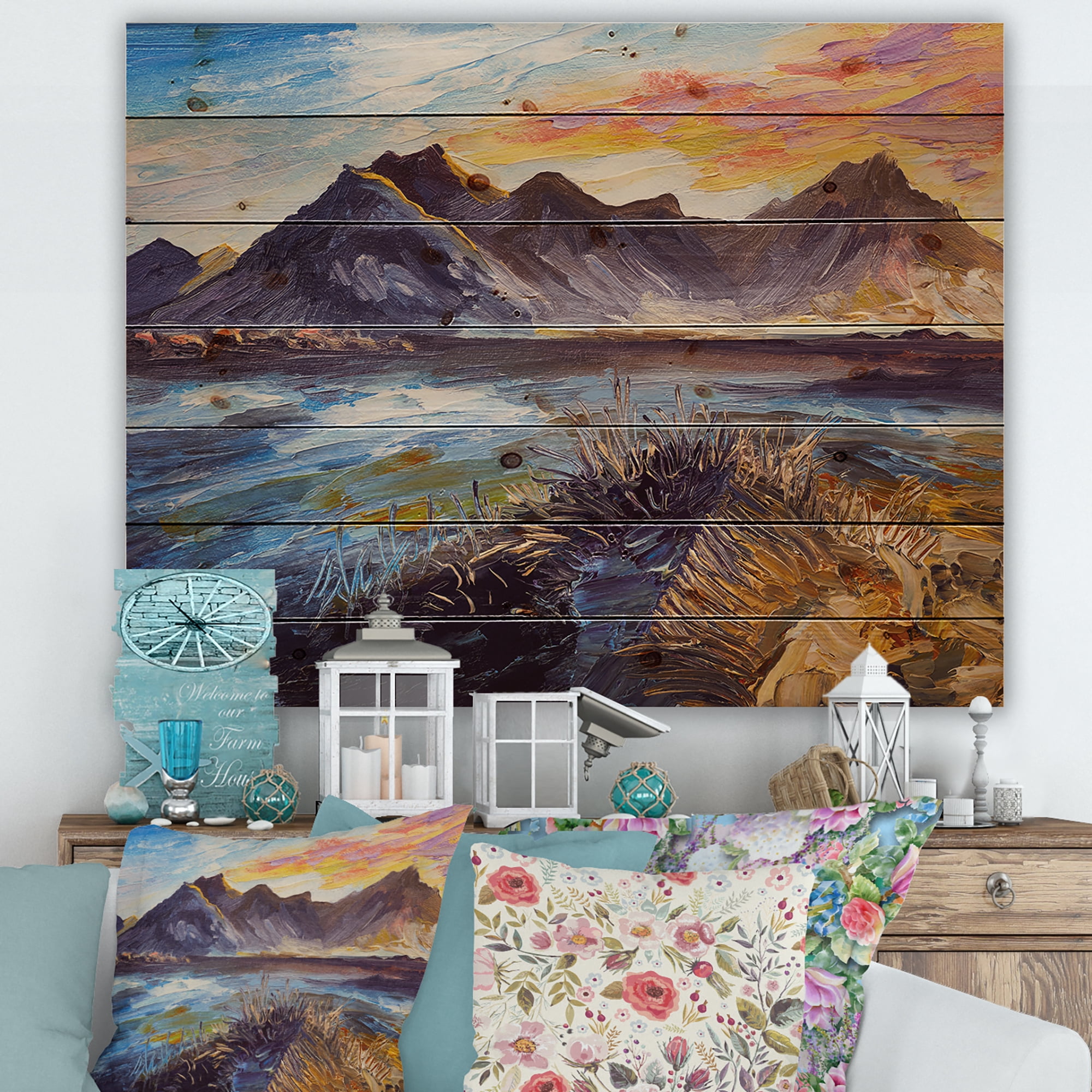 Designart 'Impression Pink Sunset Over The Mountains By The Sea' Nautical & Coastal Print on Natural Pine Wood