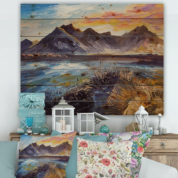 Designart 'Impression Pink Sunset Over The Mountains By The Sea' Nautical & Coastal Print on Natural Pine Wood